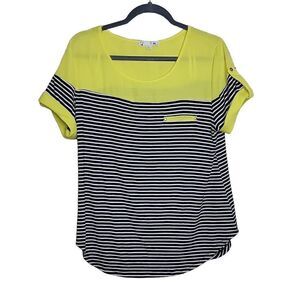 It Girl Short Sleeve Stripe Colorblock Mixed Media Top Yellow Black